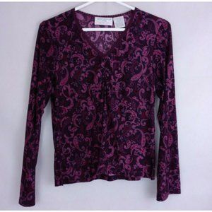 Worthington Petite Stretch Pink & Purple Floral Paisley Blouse Size PM